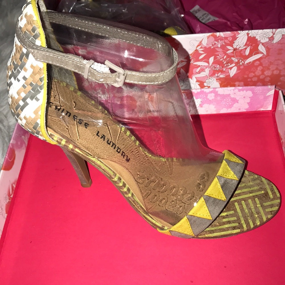 CL MUSTARD/GREY HEELS WORN TWICE.